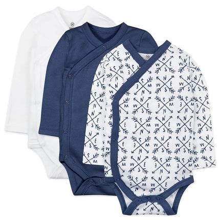 HonestBaby Paquete de 3 bodys de manga larga con broches laterales estilo kimono de algodón orgánico para bebés, niños y niñas, unisex, color azul Compass, de 3 a 6 meses