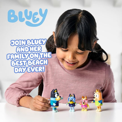 Bluey Figure 4-Pack, Family Beach Day 2.5-3 Inch, Bingo, Bandit And Chilli Character Figures With Accessories