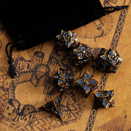 Metal Dice for DND - Spire Sanctum Series (Antique Gold Blue Glitter)