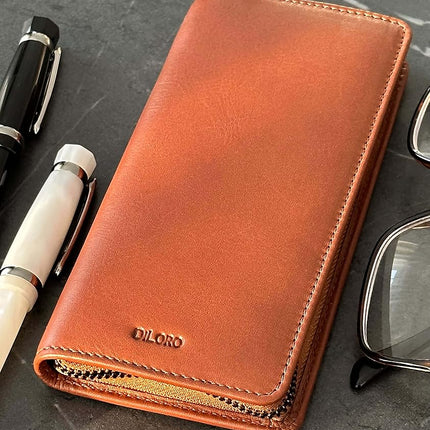 DiLoro Leather Zippered Triple or Quad Pen Case Pencil Pouch Holder for Three or Four Fountain Ballpoint Rollerball Pens or Glasses (Nappa Bugatti)