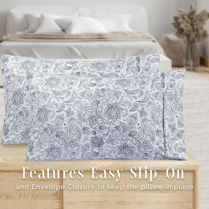 Elegant Comfort Ultra Soft Set of 2 Floral Pint Pillowcases - 1500 Premium Hotel Quality Microfiber, Soft and Smooth Envelope Closure 2-Piece Pillow Covers - Standard/Queen, Paisley Navy