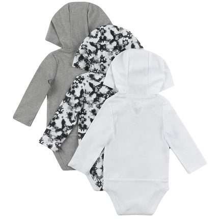 Hanes Baby and Toddler Ultimate Flexy Long Sleeve Bodysuit Hoodie (3 Pack), Black/Grey/White, 0-6 Months