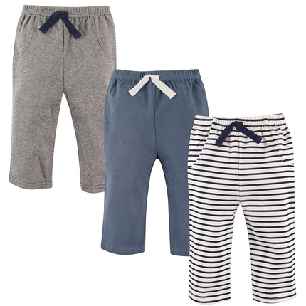 Hudson Baby Baby Cotton Pants, 3 Pack, Blue Stripes, 12-18 Months (18M)