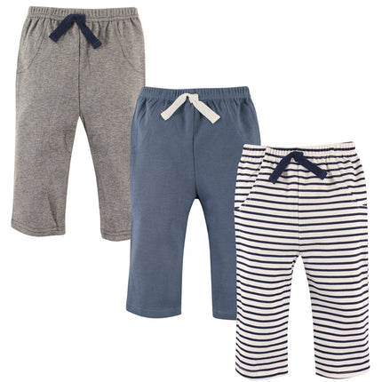Hudson Baby Baby Cotton Pants, 3 Pack, Blue Stripe