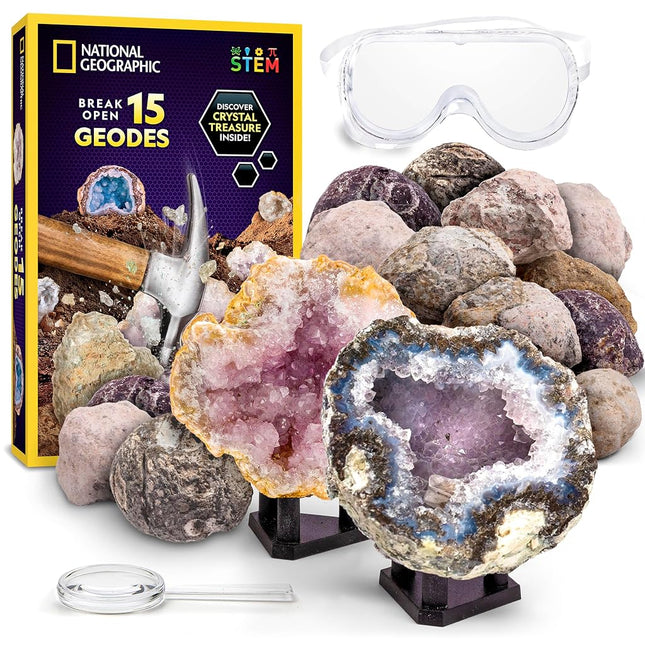 Blue Marble National Geographic Break Open 15 Premium Geodes - with Goggles, Detailed Learning Guide, 3 Display Stands, Great Stem Science Toy & Educational Kit