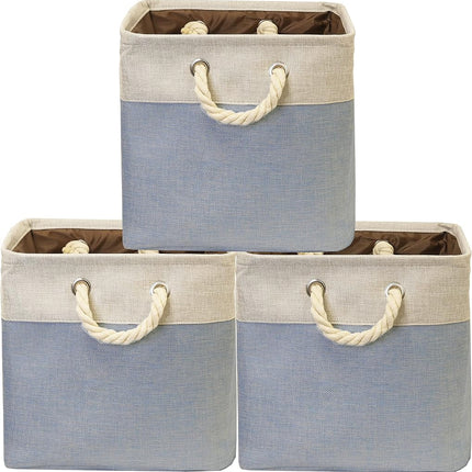 Simple Houseware 33 x 33 cm Fabric Storage Basket Bins with Cotton Handle, 3 Pack, Blue