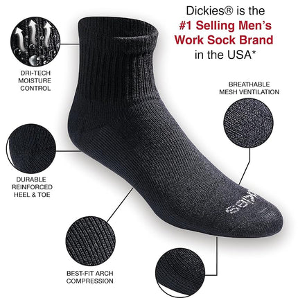 Dickies Men's Dri-tech Moisture Control Quarter Socks Multipack, Solid Black (12 Pairs), Shoe Size: 6-12