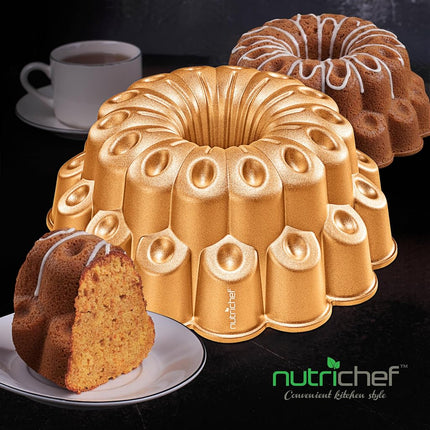 Nutrichef Cake Tin – Non Stick 25cm Fluted Ring Cake Mould for Baking, Marquise Pan for Ring Cakes, Easy Release, Dishwasher Safe, Aluminum with Dual-Layer Nonstick Coating