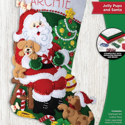 Bucilla Plaid, Jolly Pups Santa 18" Felt Applique 