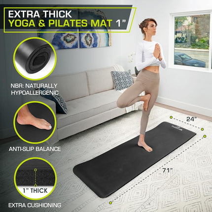 ProsourceFit Extra Thick Yoga and Pilates Mat 1" (25mm), 71-inch Long High Density Exercise Mat with Comfort Foam and Carrying Strap, Gray