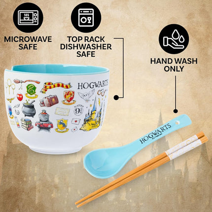 Silver Buffalo Harry Potter Hogwarts Iconic Icons Ceramic Ramen Noodle Rice Bowl with Chopsticks and Spoon, Microwave Safe, 20 Ounces