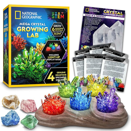NATIONAL GEOGRAPHIC Mega Crystal Growing Kit for Kids- Grow 6 Crystals with Light-Up Stand, Science Gifts for Kids 8-12, Crystal Making Experiment, Science Kit for Girls and Boys