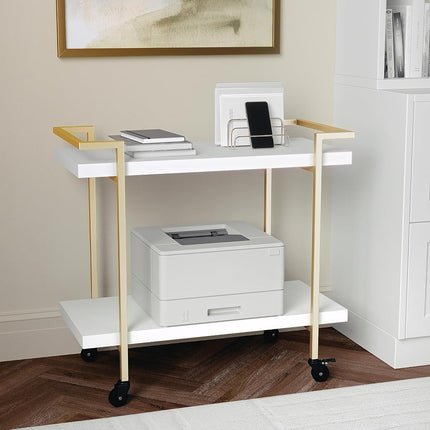 MARTHA STEWART Liam 2-Tier Mobile Office Storage and Printer Cart in White with Polished Brass Frame