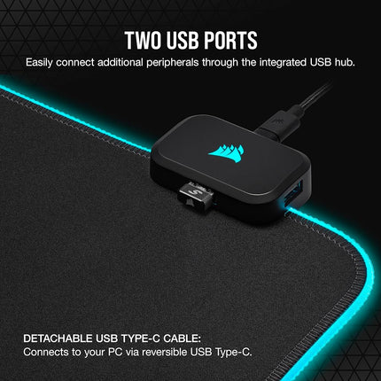 Corsair MM700 RGB Extended 3XL Cloth Gaming Mouse Pad - 1,220mm x 610mm (48” x 24”) - 360° RGB Lighting - Two USB Port Hub - Thick Rubber - Black