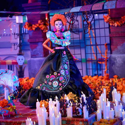 Barbie Signature Doll, 2024 D�a De Muertos Collectible in Black Dress with Blue Ruffle Top, Embroidered Print, and Colorful Accessories, HRM72