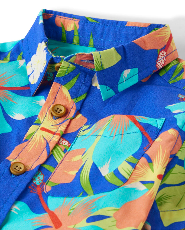 The Children's Place Baby Boys' Short Sleeve Button Down Shirt, Cool Cobalt Tropical, 18-24 Months