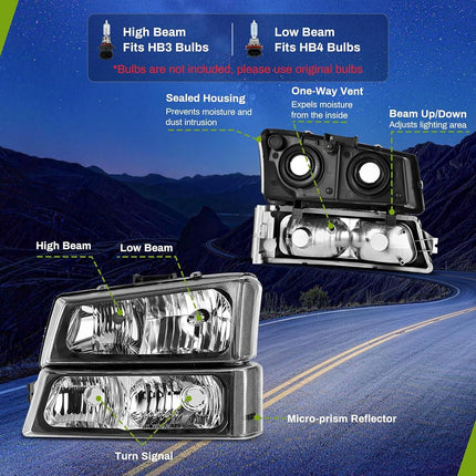 AUTOSAVER88 Headlight Assembly kit Compatible with 2003-2006 Chevy Avalanche / 2003-2007 Chevrolet Silverado 1500 2500 3500 1500HD 2500HD Pickup Headlamp Replacement Black Housing with Bumper Lamp