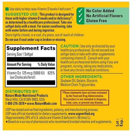 Nature Made Extra Strength Vitamin D3 5000 IU Softgels (125 mcg), 360 Count for Bone Health† Value Size (Packaging May Vary)