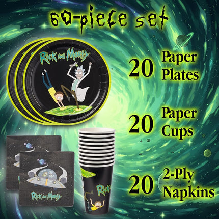 Silver Buffalo Rick and Morty in The Portal 60 Pack Partyware Disposable Paper Plates, Napkins, and Cups