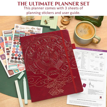 Legend Planner Undated, Weekly & Daily Goal Journal, A4 Wine Red Gold