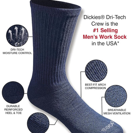 Dickies Men's Dri-tech Moisture Control Crew Socks Multipack, Essential Worker Navy (6 Pairs), Shoe Size: 6-12