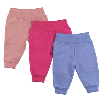 Hanes Girls Fleece Pull-on Pants 3-Pack, Flexy Super Soft 4-Way Sweatpants, Stretch Joggers for Babies & Toddlers, Purple/Pink, 0-6 Months