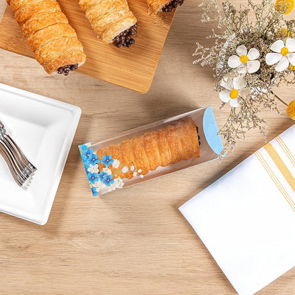Restaurantware-7 Inch x 2.5 Inch Clear Dessert Boxes, 100 Blue Paper Sleeve Transparent Candy Boxes - Flower Accent, No Grease Lining, Clear Plastic Clear Favor Boxes, Crack Resistant, Disposable