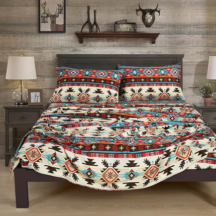 Chezmoi Collection 4-Piece Southwestern Geometric Motif Sheet Set California King Size - Multicolor Red Brown Blue Cream Printed Brushed Microfiber Lightweight Breathable Deep Pocket Bed Sheets