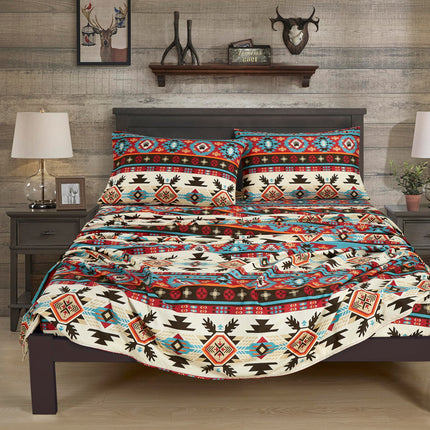 Chezmoi Collection 4-Piece Southwestern Geometric Motif Sheet Set California King Size - Multicolor Red Brown Blue Cream Printed Brushed Microfiber Lightweight Breathable Deep Pocket Bed Sheets