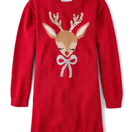 The Children's Place Girls' Long Sleeve Sweater Dress, Classic Red Reindeer, X-Small