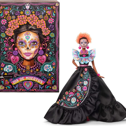 Barbie Signature Doll, 2024 D�a De Muertos Collectible in Black Dress with Blue Ruffle Top, Embroidered Print, and Colorful Accessories, HRM72