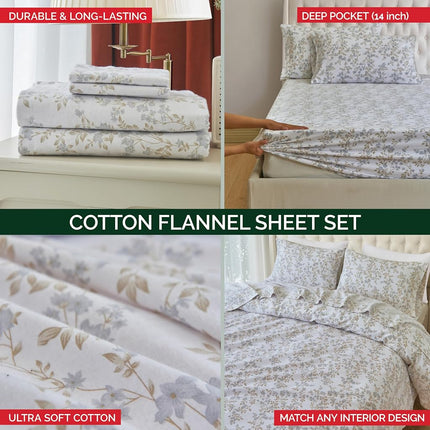 Elegant Comfort Ultra Soft 4-Piece 100% Turkish Cotton Flannel Sheet Set - Holiday Christmas Flannel Sheets, Warm and Cozy Anti-Pill Premium Quality, Deep Pocket Fitted Sheet- Twin XL, Maya Flower