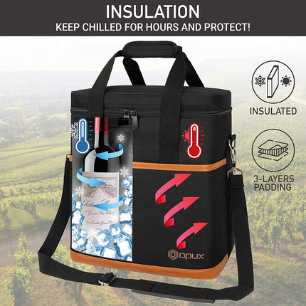 opux Wine Bag, 4 Bottle Wine Cooler Bag, Insulated Wine Tote Carrier for Travel Picnic BYOB, Leakproof Padded Portable Wine Bottle Bag for Wine Lovers Gift Women Men Christmas (Black), Brown, 6 Bottle