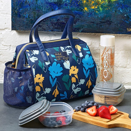 Fit & Fresh Cloverdale Adult Insulated Lunch Bag with Side Pouch & Carry Handles, Complete Lunch Kit Includes 2 Containers, Botanical Silo Navy
