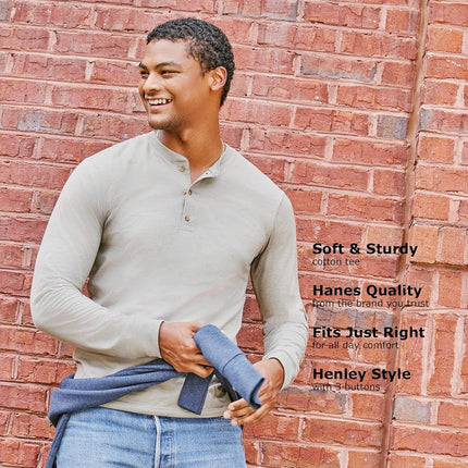 Hanes Mens Beefy Long Sleeve Three-button Henley-shirts, Hanes Navy Heather, L UK