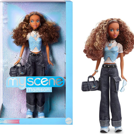 Barbie Signature My Scene Madison Doll and Accessories, Y2K-Inspired Outfit with Butterfly Top, Cargo Jeans, Denim Bag and Doll Stand, HYC18