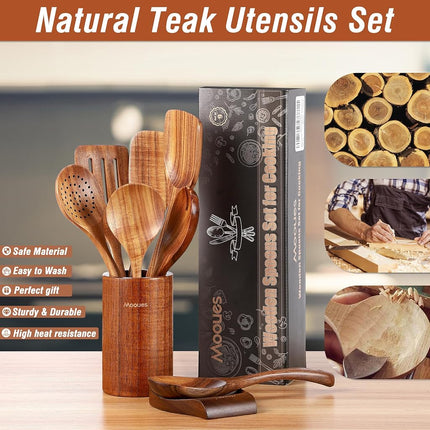 Mooues 9 Piece Natural Teak Wooden Kitchen Utensil Set with Spoon Rest - Comfort Grip Cooking Spoons and Utensils Holder