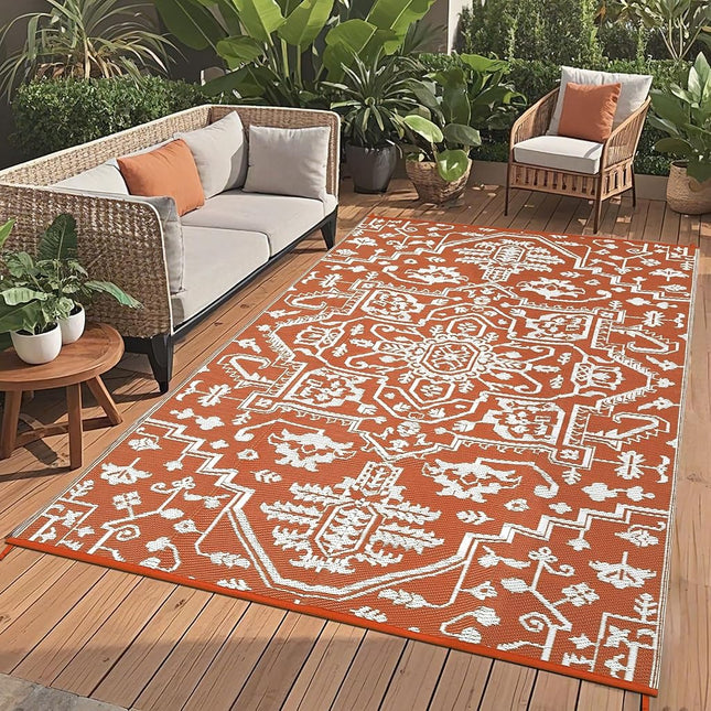 9x12 Large Outdoor Rug for Patio Rugs Waterproof, Reversible Plastic Straw Rug Medallion Pattern, Vintage Camping Rug, Foldable Lightweight Carpet for RV, Porch, Deck, Backyard, Balcony (Brick Color)