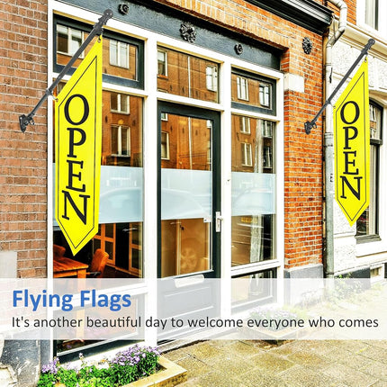 OPEN Flag with Pole Kit - Heavy Duty Canvas Open Banner for Business Storefront, 42x12 Inch Outdoor Double-Sided Sign with Bracket - Advertising Signage for Retail & Shops (Yellow)
