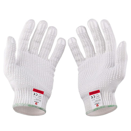NoCry Cut Resistant Protective Work Gloves with Rubber Grip Dots. Tough and Durable Stainless Steel Material, EN388 Certified. 1 Pair. White, Size Small