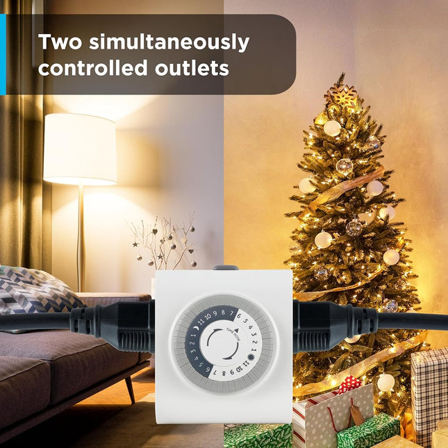 GE 24-Hour Heavy Duty Indoor Plug-in Mechanical Timer 2 Pack, 30 Minute Intervals, Daily On/Off Cycle, for Lamps, Seasonal Lighting, Holiday Decorations, 46211, Grounded 2-Outlet | Gray/White, 2 Count