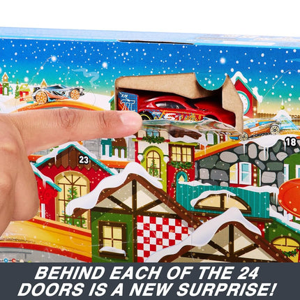 Hot Wheels Advent Calendar, 8 Hot Wheels Cars and 16 Winter-Themed Accessories behind 24 Numbered Doors Plus a Playmat, For Kids & Hot Wheels Fans, HKL74