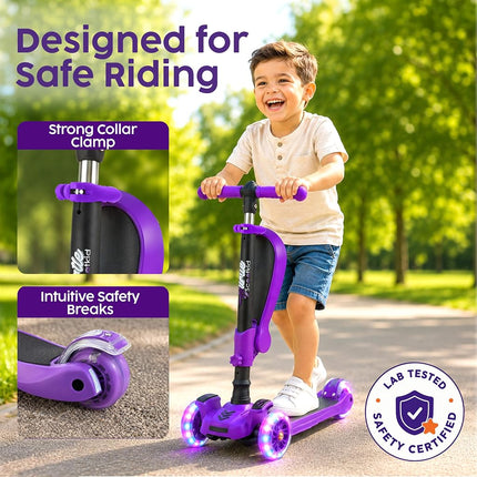 Hurtle 3-Wheeled Scooter for Kids - Wheel LED Lights, Adjustable Lean-to-Steer Handlebar, and Foldable Seat - Sit or Stand Ride with Brake for Boys and Girls Ages 1-14 Years Old