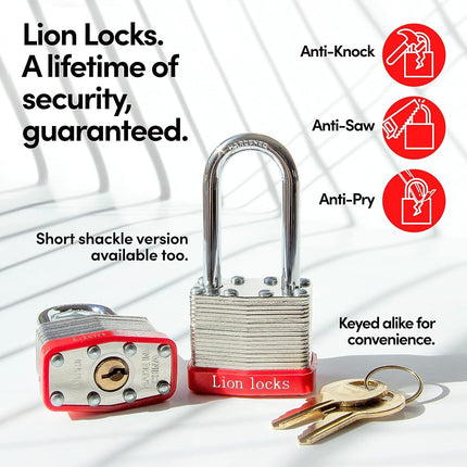 Candados Lion Locks de 5 cm con grillete largo de 12 llaves iguales, 24 llaves – Candados para uso en exteriores, cerraduras con llaves, caja de acero endurecido, cilindro de pasador de latón resistente a manipulaciones para cerrojos, casilleros, puertas