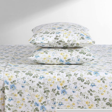 Laura Ashley Home - Queen Sheets, Soft Sateen Cotton Bedding Set - Sleek, Smooth, & Breathable Home Decor (Meadow Floral Blue,4pcs, Queen)