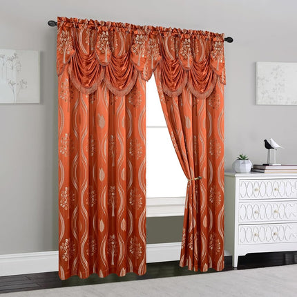 Elegant Comfort Luxurious Aurora Jacquard Look Curtain Panel Set with Attached Valance 54" X 63 inch (Set of 2), Rusty Red