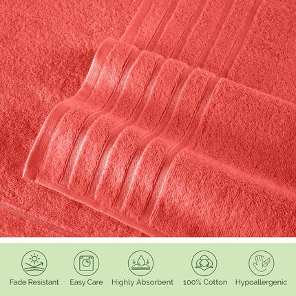 Elegant Comfort 4 Lines Viscose Stripe 6-Piece Premium Towel Set - 100% Turkish Cotton High Absorbent Luxury Bathroom Towels – Includes 2 Washcloths, 2 Hand Towels and 2 Bath Towels Set, Coral