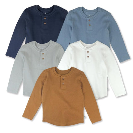 HonestBaby Lot de 5 T-shirts Henley à manches longues en coton gaufré 100 % coton biologique pour bébés et tout-petits garçons, unisexe, motif Varsity Prep, 12 mois