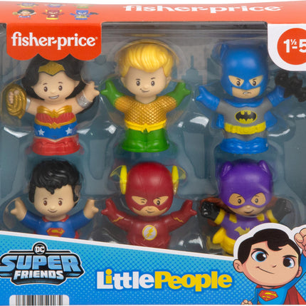 Fisher-Price Little People Jouets pour tout-petits DC Super Friends Pack de 6 figurines de super-héros pour jeux d'imagination, 18 mois et plus