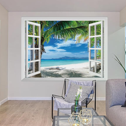 FLFK Fake Window Wall Mural - Beach Palm Trees Faux Window Wall Sticker for Wall Decor, Stick and Peel Wall Decals, 80"x60", Set of 5 Sheets